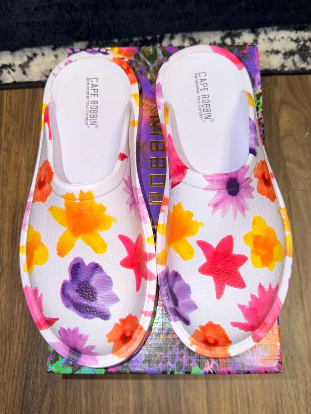 Cape Robbin White Floral Slide Mules with Bright Multicolor Blooms